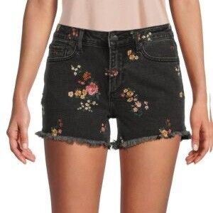 Arizona Jean Co. Shorts Womens Size 13 Black Hi-Rise Floral Embroidered